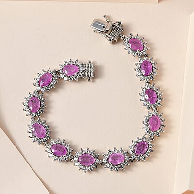 Ilakaka Hot Pink Sapphire (FF) and White Zircon Bracelet in Platinum Over Sterling Silver (6.50 In) 19.15 ctw
