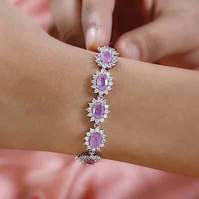 Ilakaka Hot Pink Sapphire (FF) and White Zircon Bracelet in Platinum Over Sterling Silver (6.50 In) 19.15 ctw