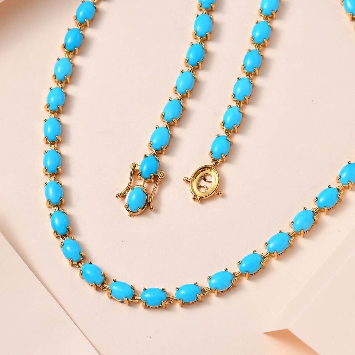 Sleeping Beauty Turquoise Tennis Necklace 18 Inches in Vermeil Yellow Gold Over Sterling Silver 35.75 ctw image number 1