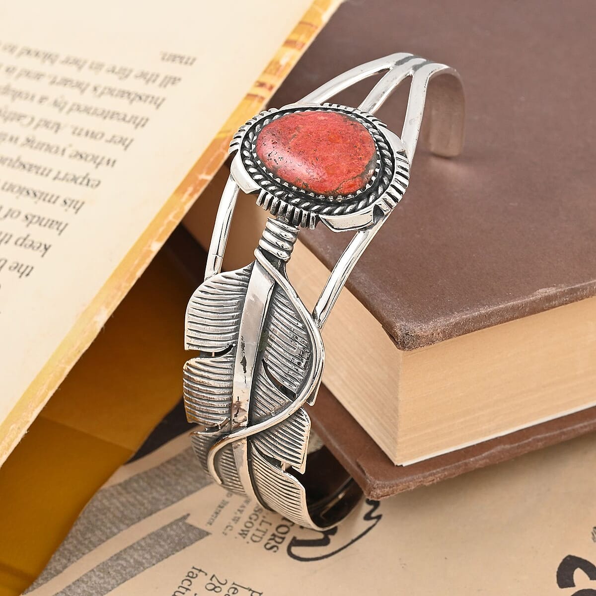 Santa Fe Style Plum Coral Feather Cuff Bracelet in Sterling Silver (6.50 In) image number 1