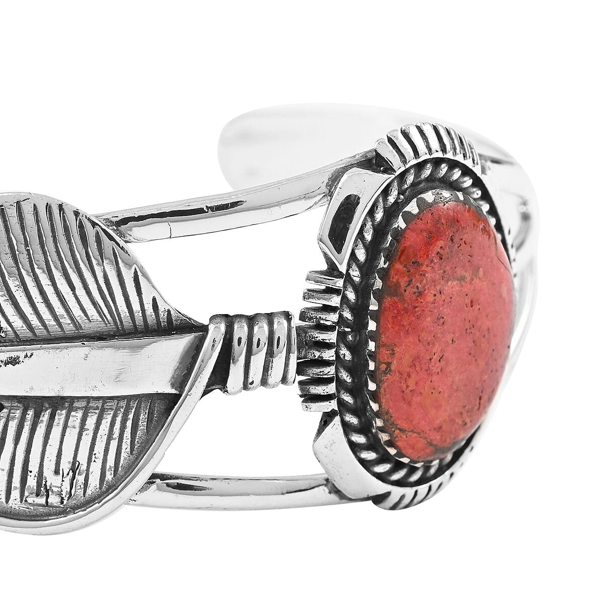 Santa Fe Style Plum Coral Feather Cuff Bracelet in Sterling Silver (6.50 In) image number 2