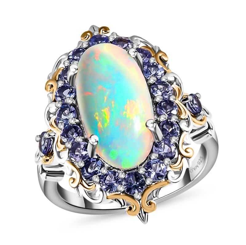 Premium Ethiopian Welo Opal and Tanzanite 4.75 ctw Accent Ring, Floral Halo Ring, Vermeil YG and Platinum Over Sterling Silver Ring, Opal Jewelry, Gifts For Her (Size 10.0)
