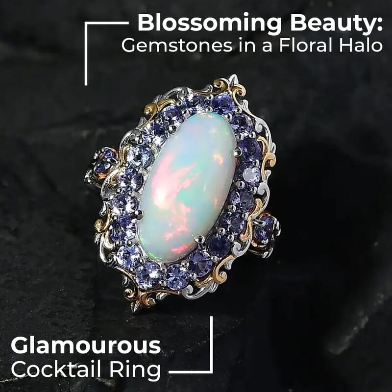 Premium Ethiopian Welo Opal and Tanzanite 4.75 ctw Accent Ring, Floral Halo Ring, Vermeil YG and Platinum Over Sterling Silver Ring, Opal Jewelry, Gifts For Her (Size 10.0)