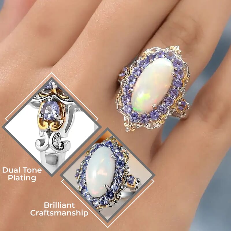 Premium Ethiopian Welo Opal and Tanzanite 4.75 ctw Accent Ring, Floral Halo Ring, Vermeil YG and Platinum Over Sterling Silver Ring, Opal Jewelry, Gifts For Her (Size 10.0)