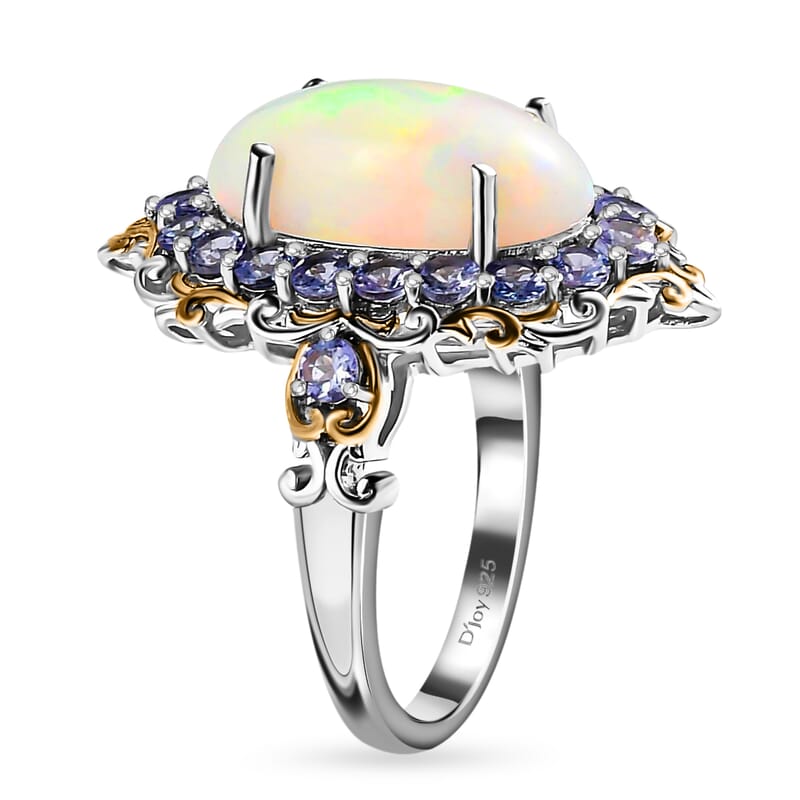 Premium Ethiopian Welo Opal and Tanzanite 4.75 ctw Accent Ring, Floral Halo Ring, Vermeil YG and Platinum Over Sterling Silver Ring, Opal Jewelry, Gifts For Her (Size 10.0)