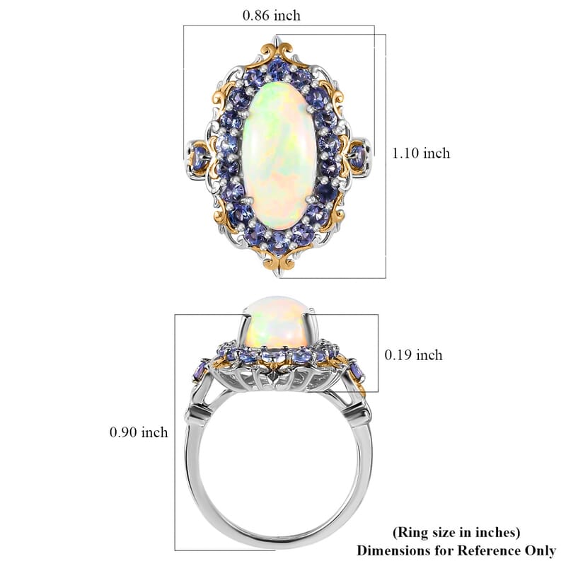Premium Ethiopian Welo Opal and Tanzanite 4.75 ctw Accent Ring, Floral Halo Ring, Vermeil YG and Platinum Over Sterling Silver Ring, Opal Jewelry, Gifts For Her (Size 10.0)