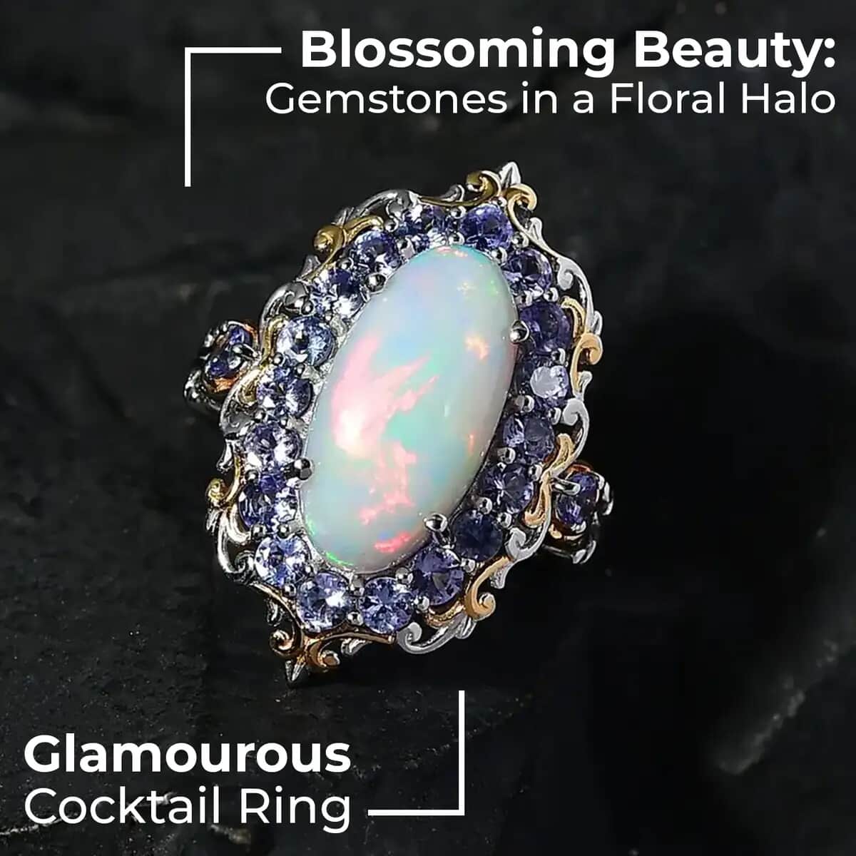 Premium Ethiopian Welo Opal and Tanzanite 4.75 ctw Accent Ring, Floral Halo Ring, Vermeil YG and Platinum Over Sterling Silver Ring, Opal Jewelry, Gifts For Her (Size 9.0) image number 1