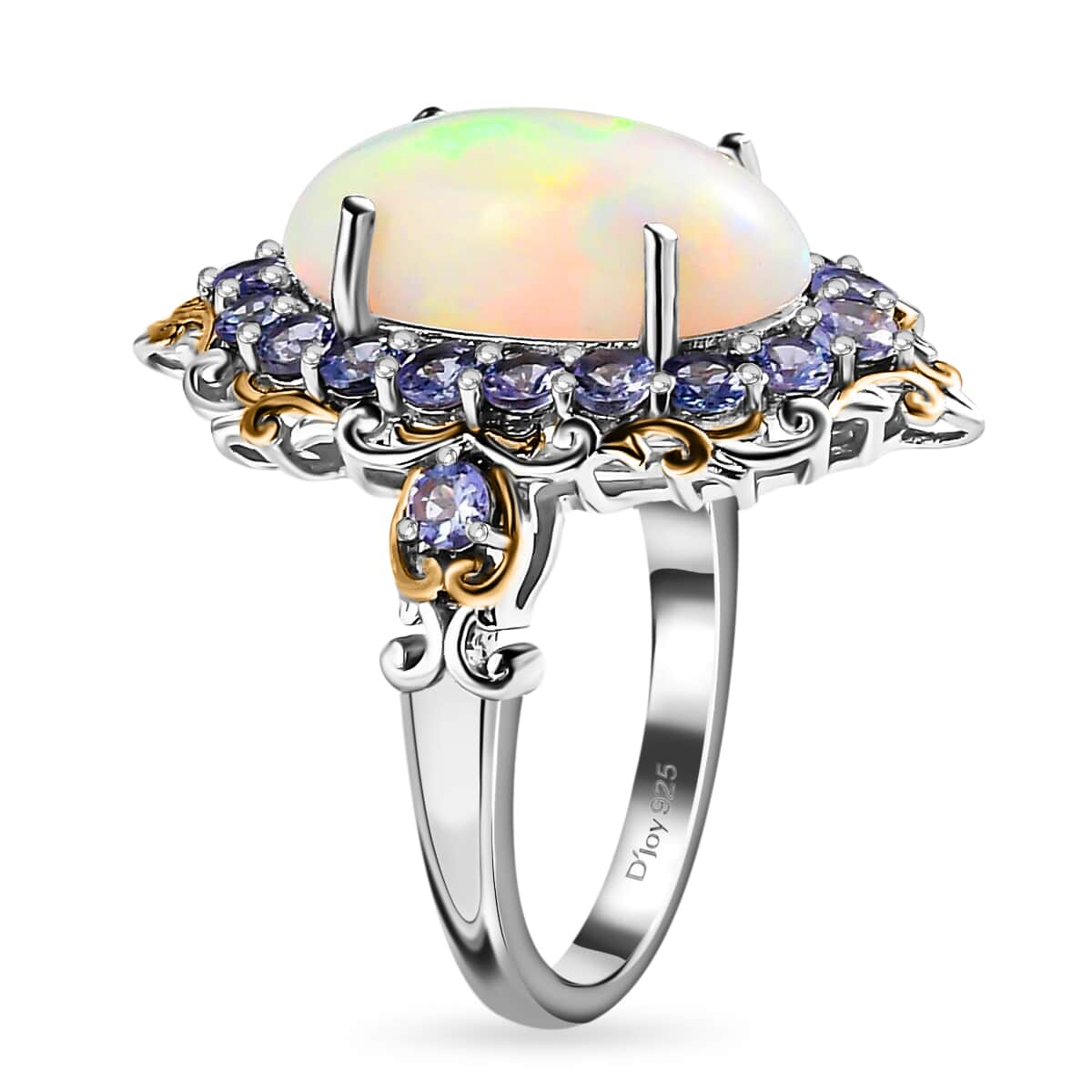 Premium Ethiopian Welo Opal and Tanzanite 4.75 ctw Accent Ring, Floral Halo Ring, Vermeil YG and Platinum Over Sterling Silver Ring, Opal Jewelry, Gifts For Her (Size 9.0) image number 3