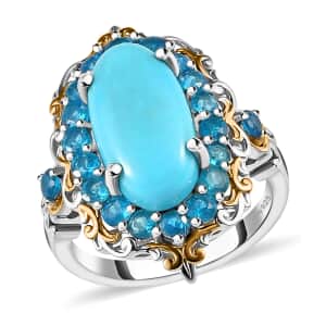 Premium Sleeping Beauty Turquoise and Malgache Neon Apatite 5.50 ctw Accent Ring, Floral Halo Ring, Vermeil YG and Platinum Over Sterling Silver Ring, Opal Jewelry, Gifts For Her (Size 6.0)