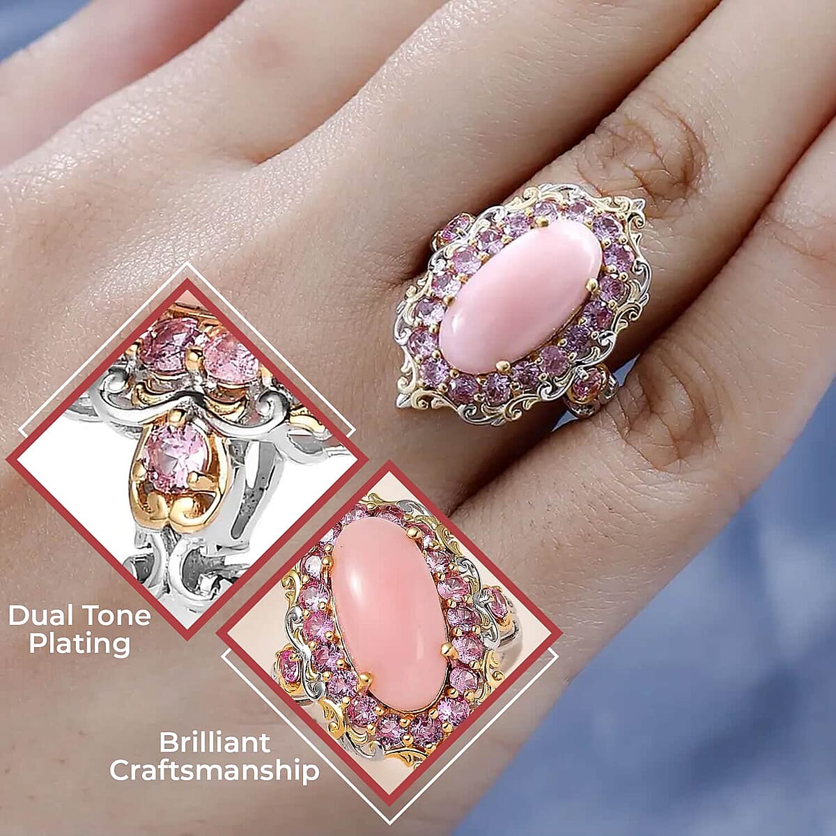 Premium Peruvian Pink Opal and Madagascar Pink Sapphire 5.90 ctw Accent Ring, Floral Halo Ring, Vermeil YG and Platinum Over Sterling Silver Ring, Opal Jewelry, Gifts For Her (Size 10.0) image number 2