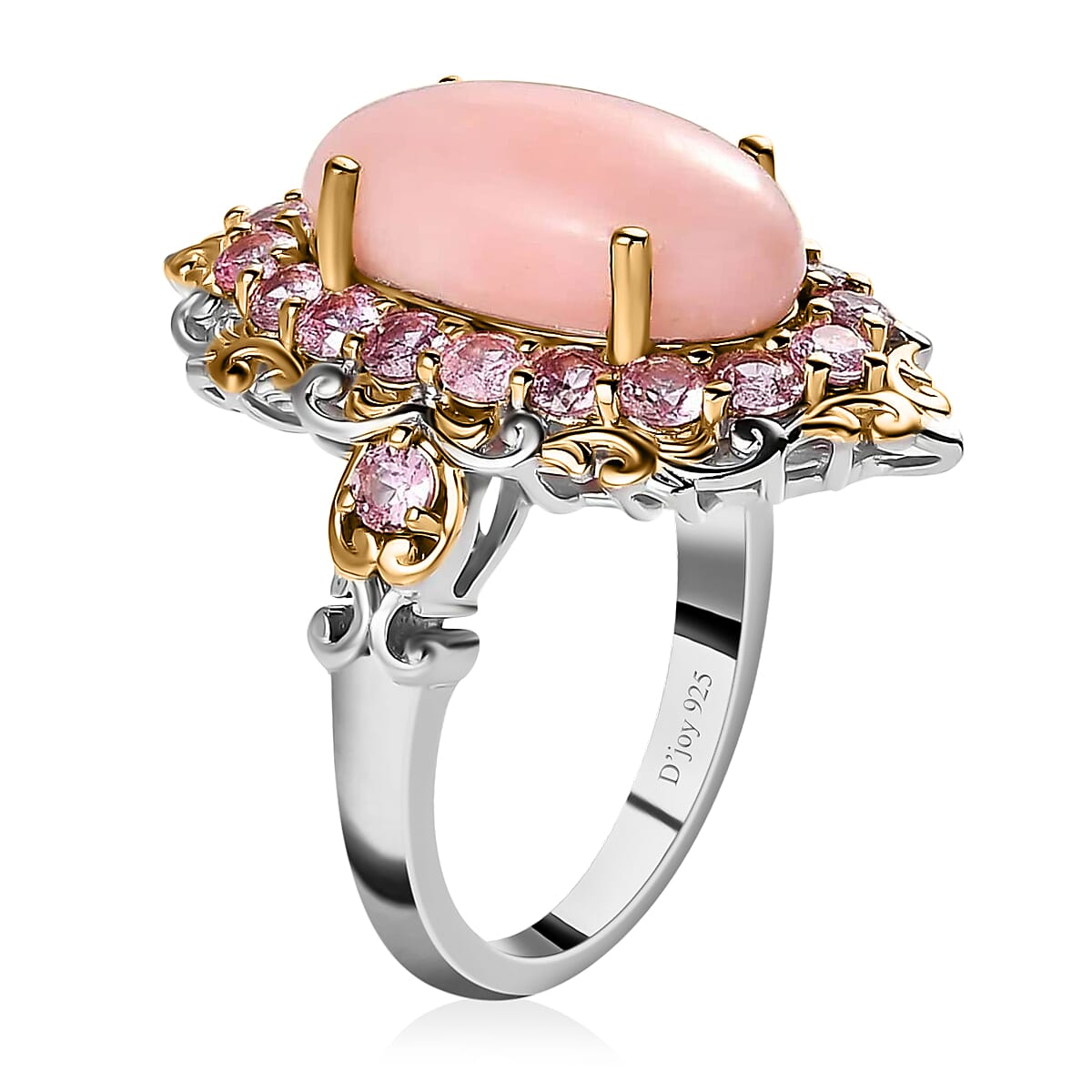 Premium Peruvian Pink Opal and Madagascar Pink Sapphire 5.90 ctw Accent Ring, Floral Halo Ring, Vermeil YG and Platinum Over Sterling Silver Ring, Opal Jewelry, Gifts For Her (Size 10.0) image number 3
