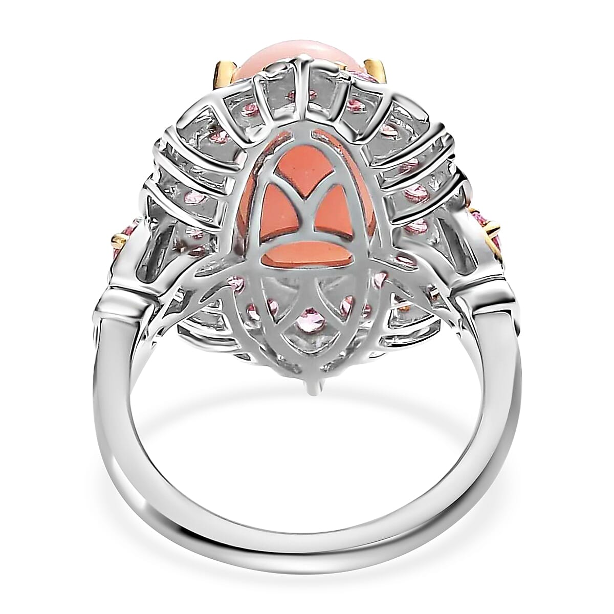 Premium Peruvian Pink Opal and Madagascar Pink Sapphire 5.90 ctw Accent Ring, Floral Halo Ring, Vermeil YG and Platinum Over Sterling Silver Ring, Opal Jewelry, Gifts For Her (Size 10.0) image number 4