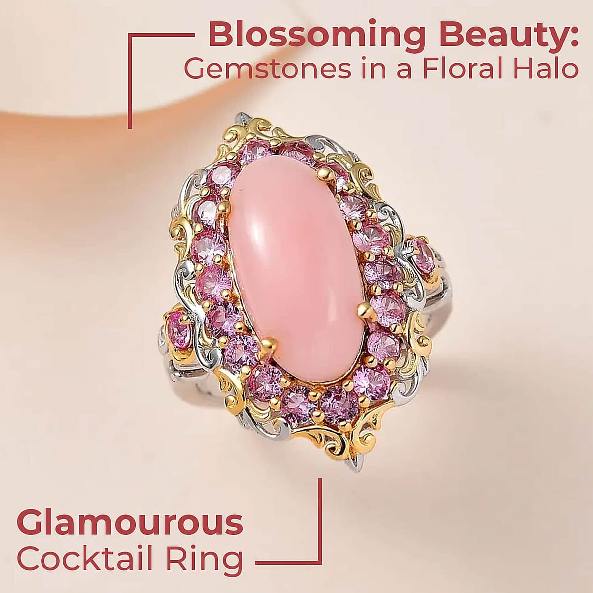 Premium Peruvian Pink Opal and Madagascar Pink Sapphire 5.90 ctw Accent Ring, Floral Halo Ring, Vermeil YG and Platinum Over Sterling Silver Ring, Opal Jewelry, Gifts For Her (Size 6.0) image number 1