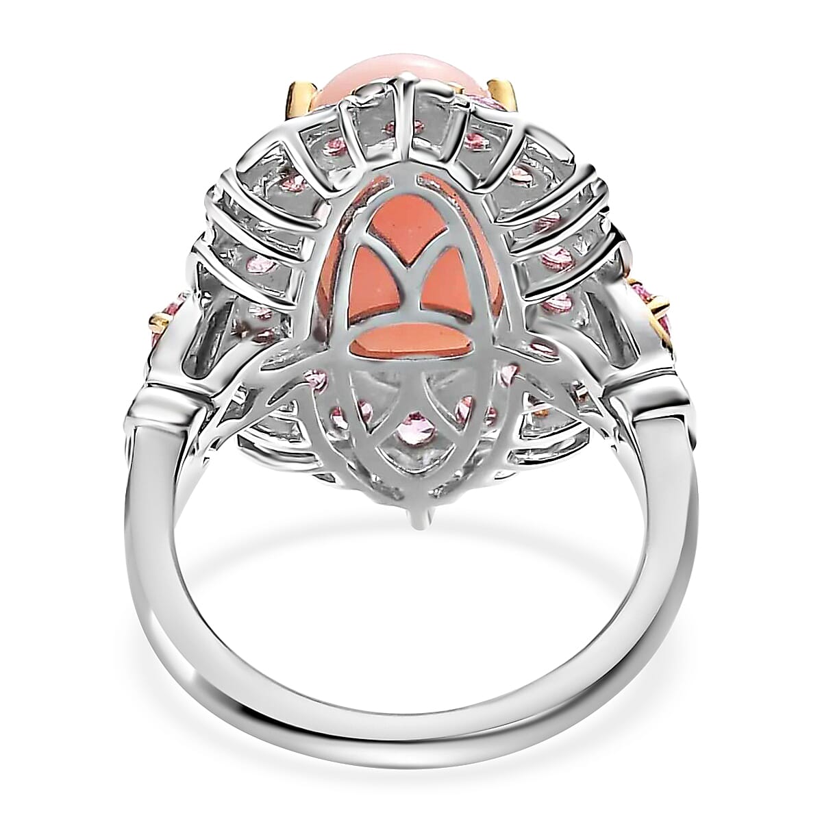 Premium Peruvian Pink Opal and Madagascar Pink Sapphire 5.90 ctw Accent Ring, Floral Halo Ring, Vermeil YG and Platinum Over Sterling Silver Ring, Opal Jewelry, Gifts For Her (Size 6.0) image number 4