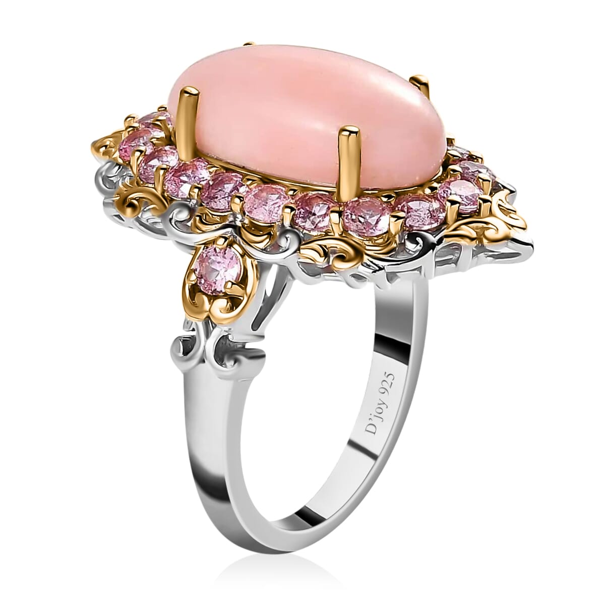 Premium Peruvian Pink Opal and Madagascar Pink Sapphire 5.90 ctw Accent Ring, Floral Halo Ring, Vermeil YG and Platinum Over Sterling Silver Ring, Opal Jewelry, Gifts For Her (Size 8.0) image number 3