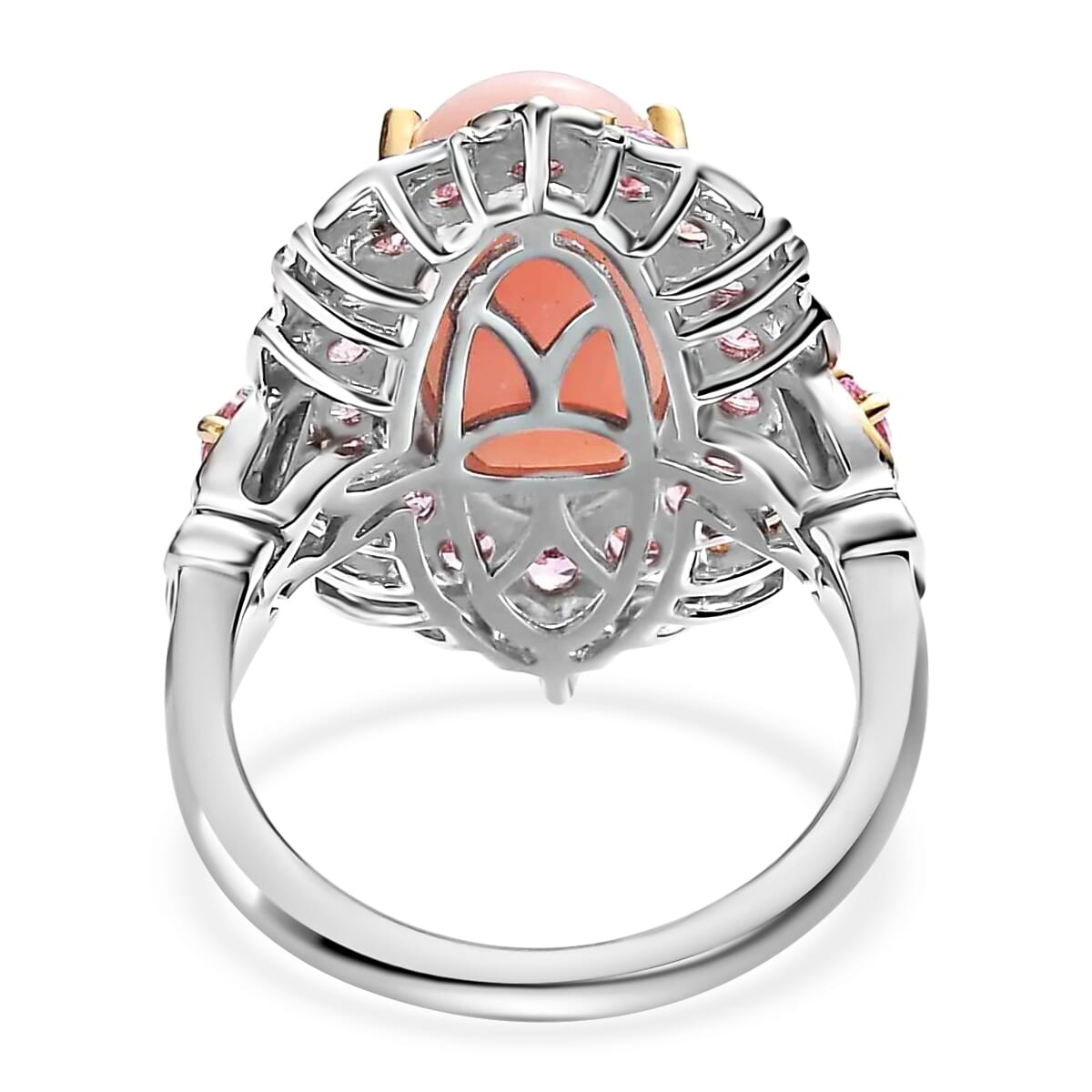 Premium Peruvian Pink Opal and Madagascar Pink Sapphire 5.90 ctw Accent Ring, Floral Halo Ring, Vermeil YG and Platinum Over Sterling Silver Ring, Opal Jewelry, Gifts For Her (Size 8.0) image number 4
