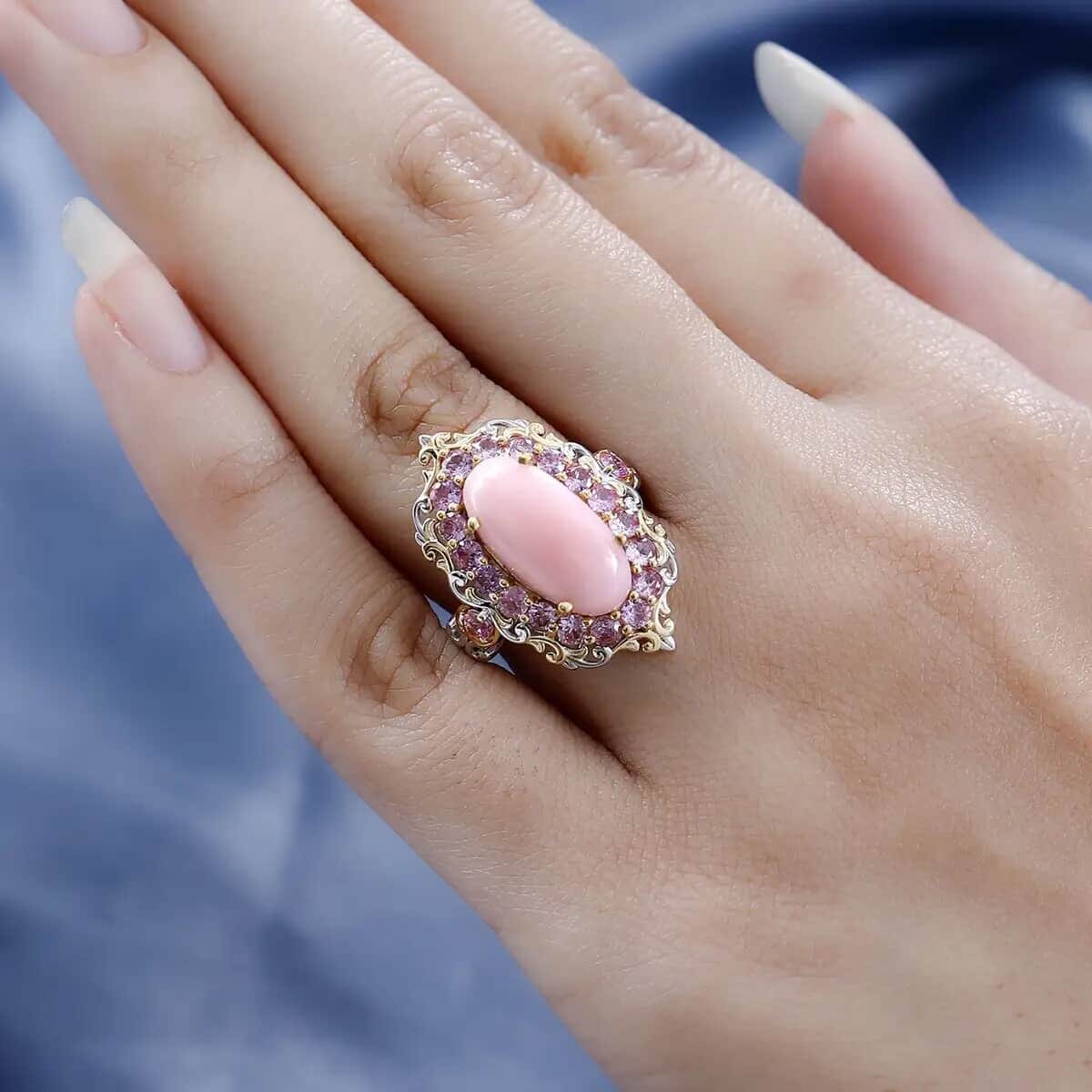Premium Peruvian Pink Opal and Madagascar Pink Sapphire 5.90 ctw Accent Ring, Floral Halo Ring, Vermeil YG and Platinum Over Sterling Silver Ring, Opal Jewelry, Gifts For Her (Size 8.0) image number 5
