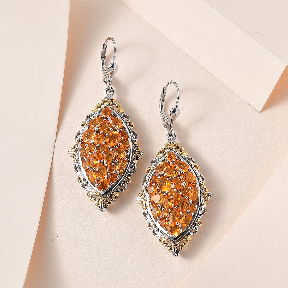 Salamanca Fire Opal Lever Back Earrings in Vermeil Yellow Gold and Platinum Over Sterling Silver 5.10 ctw image number 1