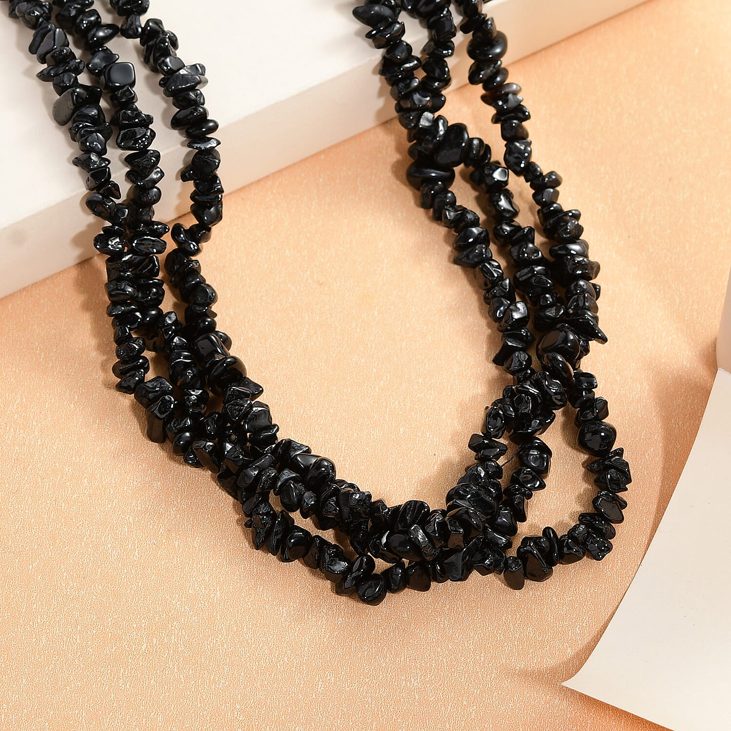Black Tourmaline Chips 3 Row Necklace 20 Inches in Sterling Silver 560.00 ctw