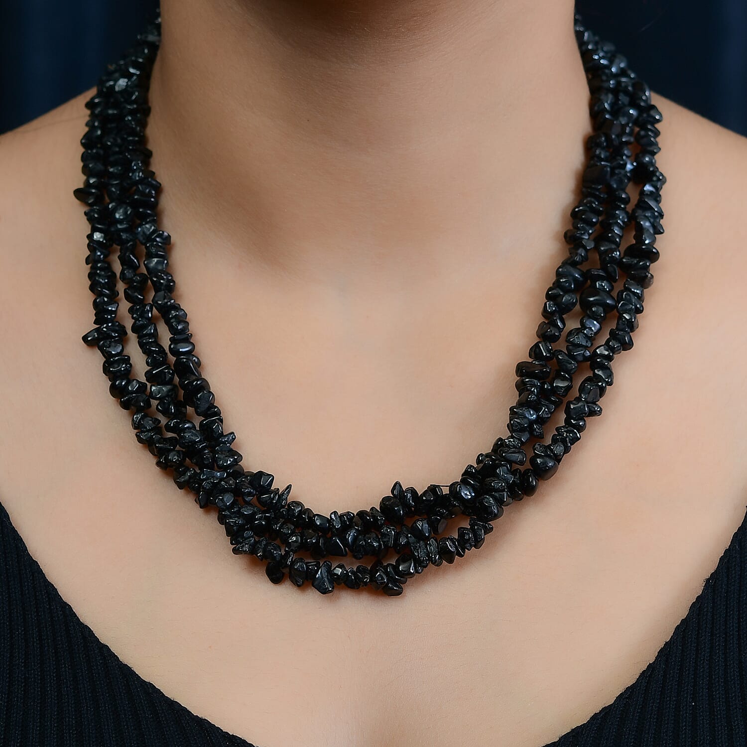 Black Tourmaline Chips 3 Row Necklace 20 Inches in Sterling Silver 560.00 ctw