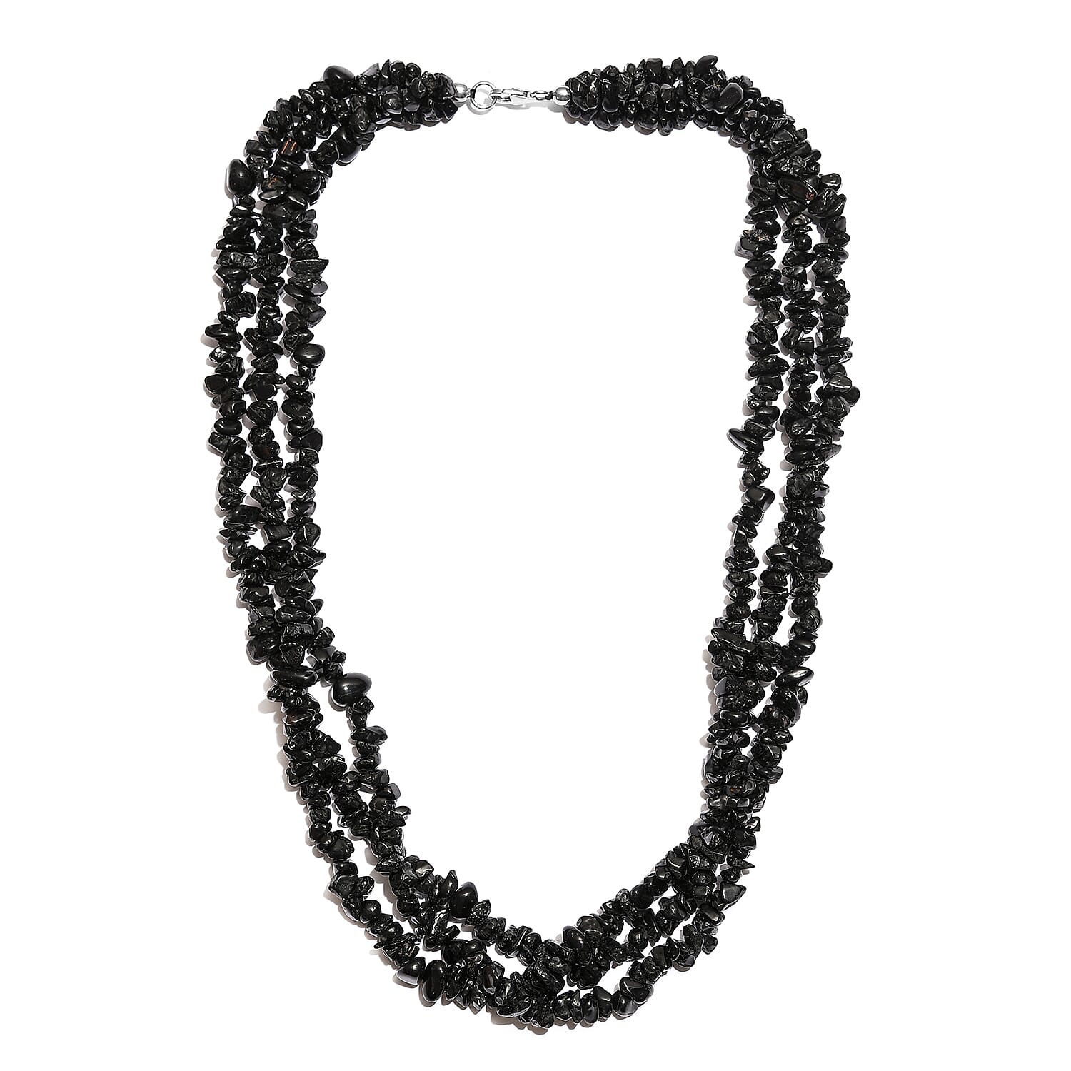 Black Tourmaline Chips 3 Row Necklace 20 Inches in Sterling Silver 560.00 ctw