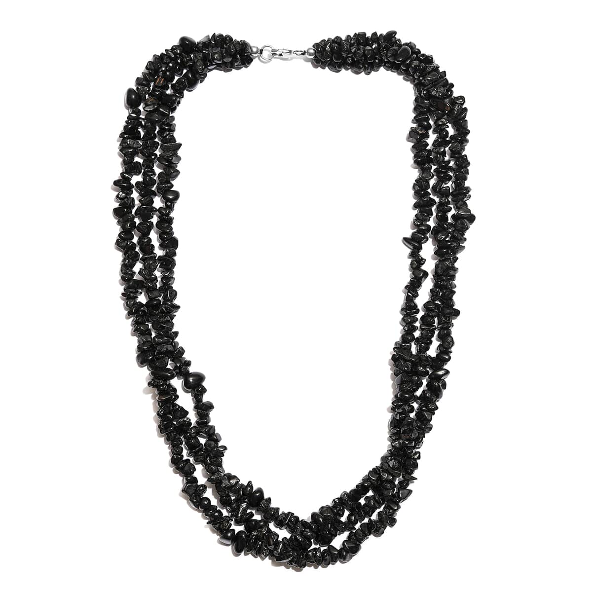 Black Tourmaline Chips 3 Row Necklace 20 Inches in Sterling Silver 560.00 ctw image number 3