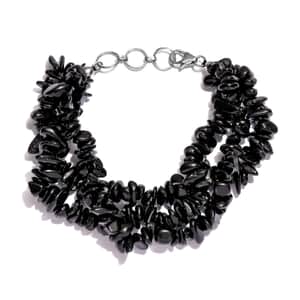 Black Tourmaline 207.00 ctw Chips 3 Row Bracelet in Sterling Silver (7.25 In)