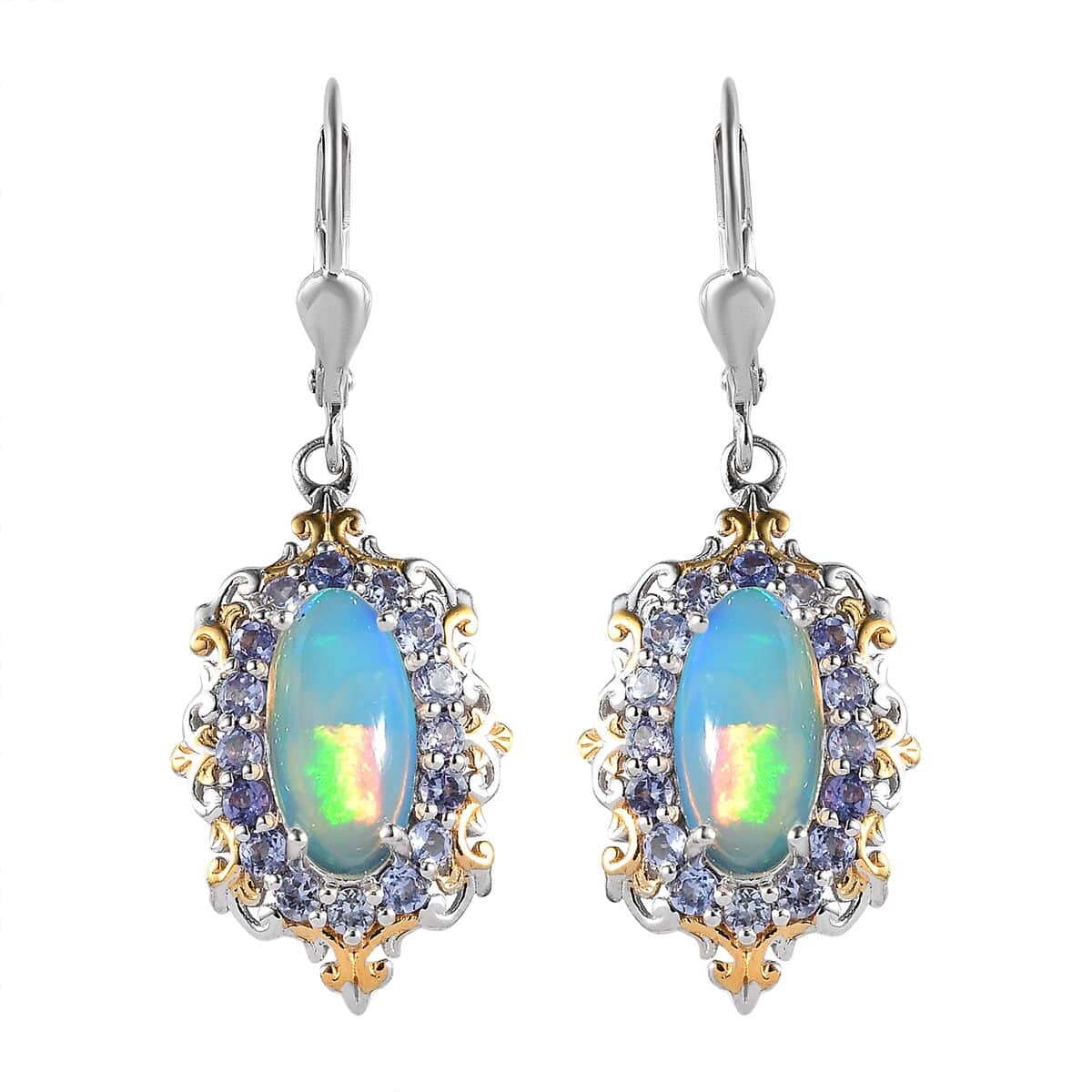 Premium Ethiopian Welo Opal and Tanzanite Lever Back Earrings in Vermeil YG and Platinum Over Sterling Silver 4.25 ctw image number 0