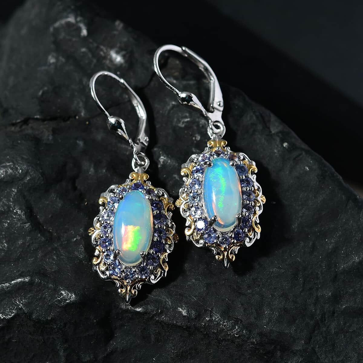 Premium Ethiopian Welo Opal and Tanzanite Lever Back Earrings in Vermeil YG and Platinum Over Sterling Silver 4.25 ctw image number 1