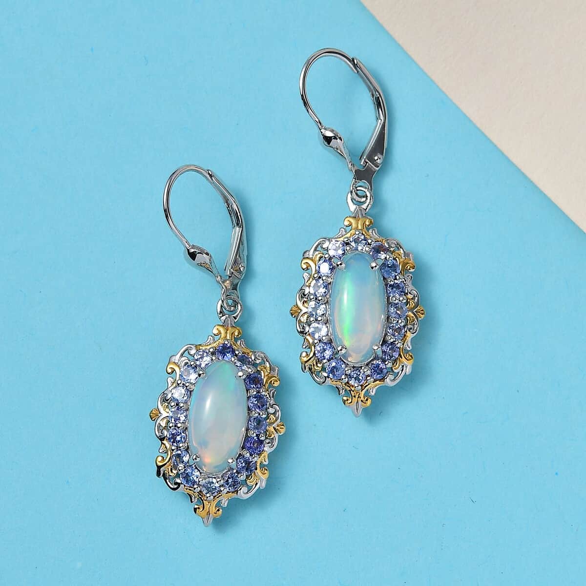 Premium Ethiopian Welo Opal and Tanzanite Lever Back Earrings in Vermeil YG and Platinum Over Sterling Silver 4.25 ctw image number 2