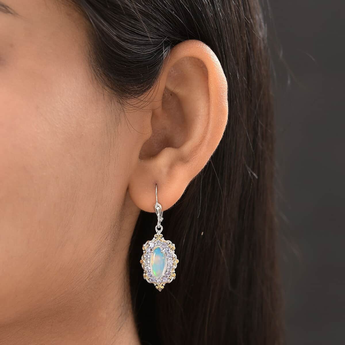 Premium Ethiopian Welo Opal and Tanzanite Lever Back Earrings in Vermeil YG and Platinum Over Sterling Silver 4.25 ctw image number 3