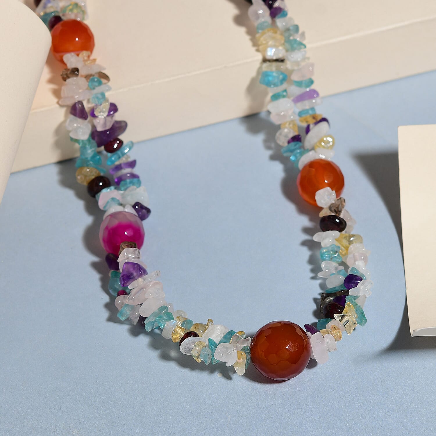 Multi Agate, Multi Gemstone Beaded Necklace 20 Inches in Sterling Silver 320.00 ctw