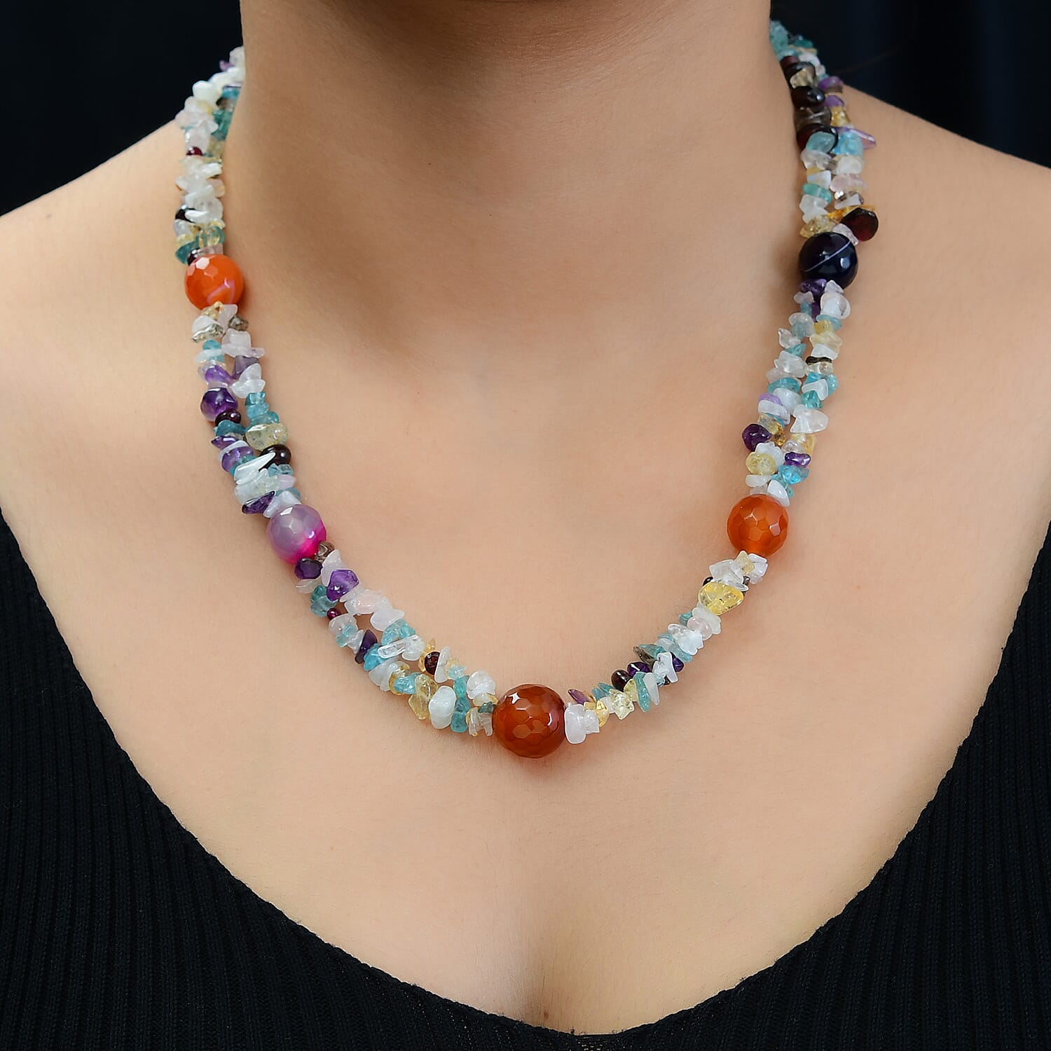 Multi Agate, Multi Gemstone Beaded Necklace 20 Inches in Sterling Silver 320.00 ctw