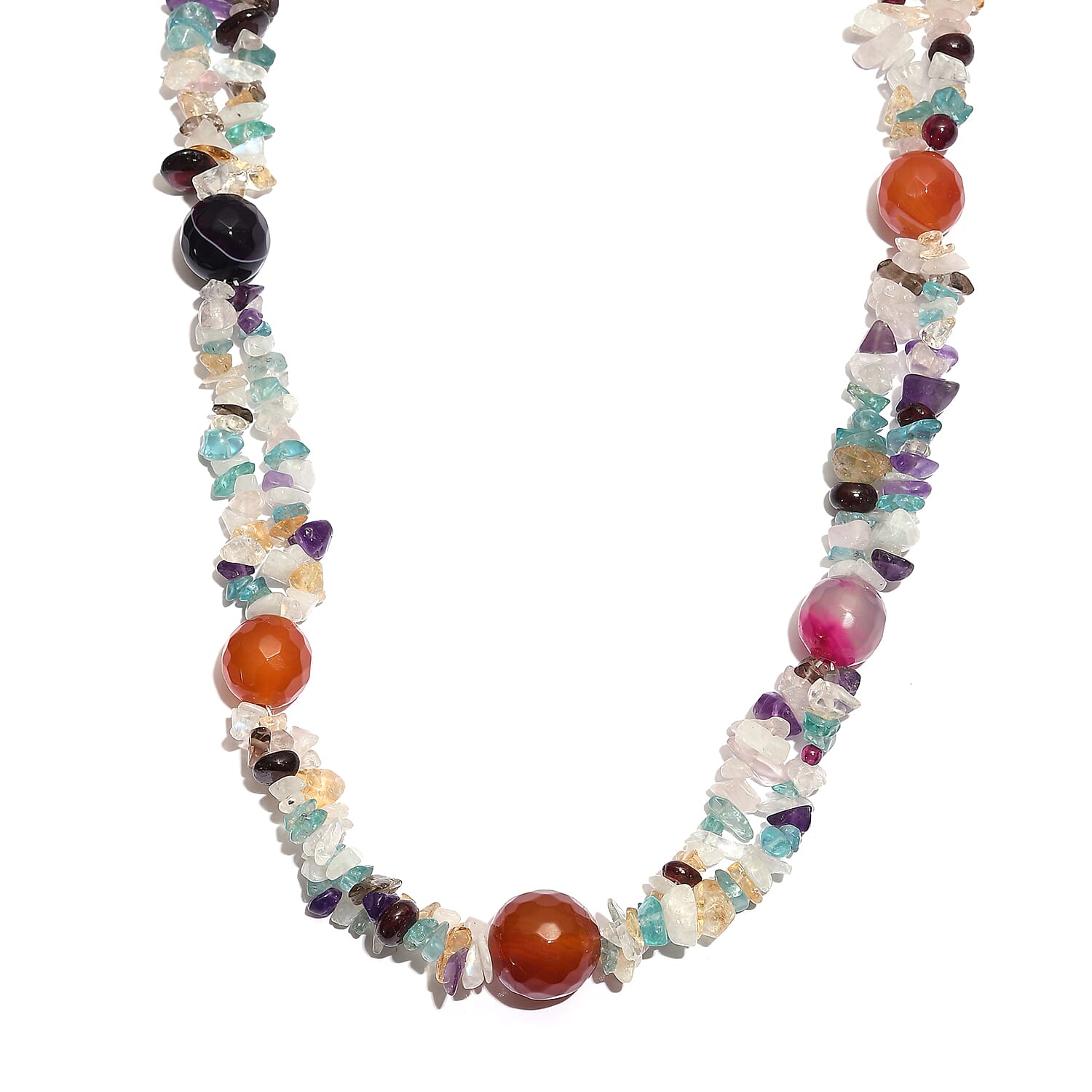 Multi Agate, Multi Gemstone Beaded Necklace 20 Inches in Sterling Silver 320.00 ctw