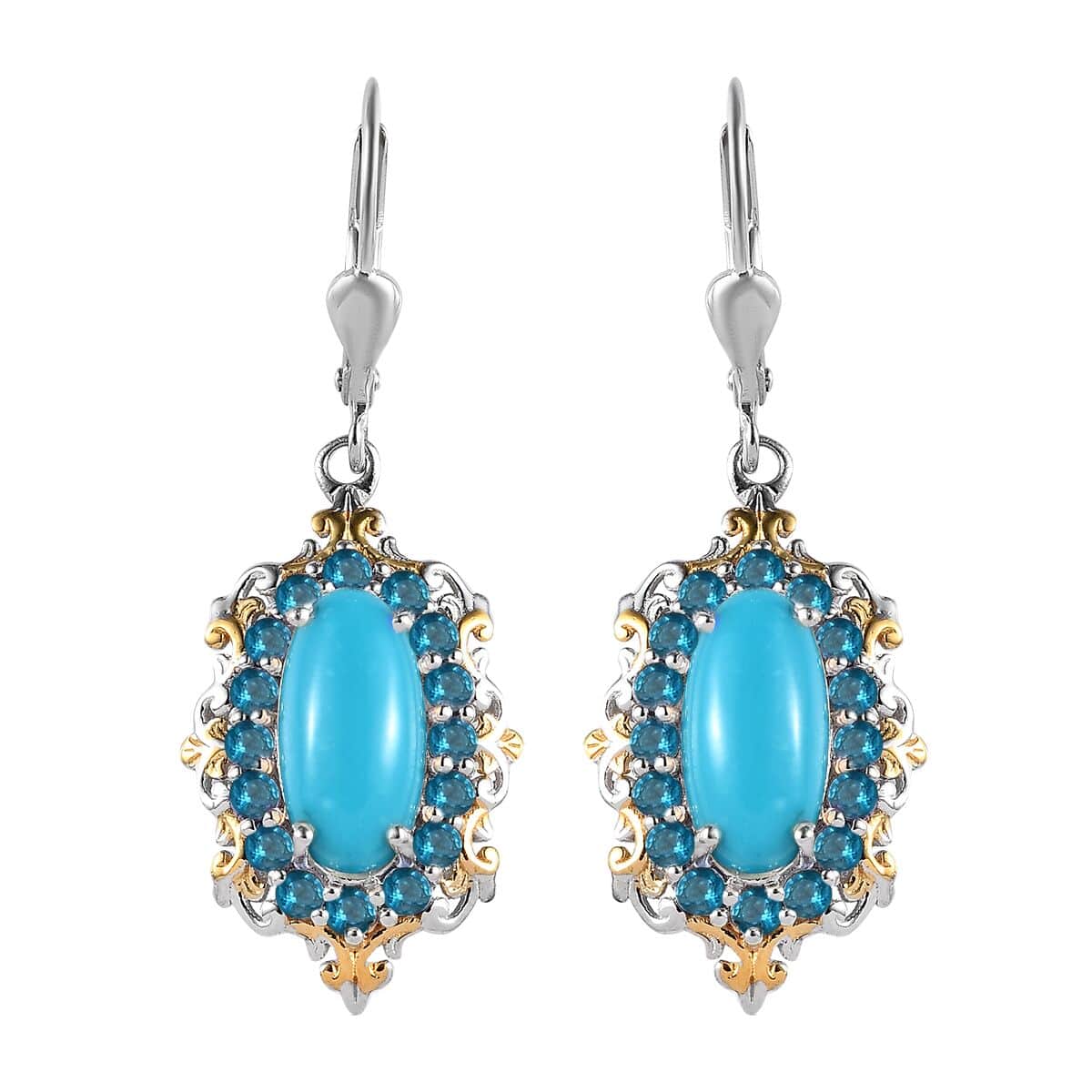 Premium Sleeping Beauty Turquoise and Malgache Neon Apatite Lever Back Earrings in Vermeil YG and Platinum Over Sterling Silver 5.10 ctw image number 0