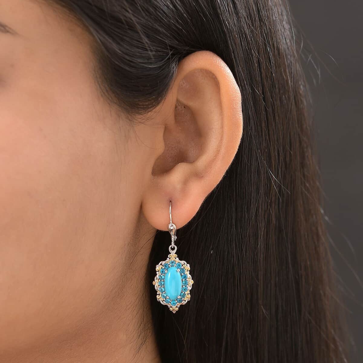 Premium Sleeping Beauty Turquoise and Malgache Neon Apatite Lever Back Earrings in Vermeil YG and Platinum Over Sterling Silver 5.10 ctw image number 2