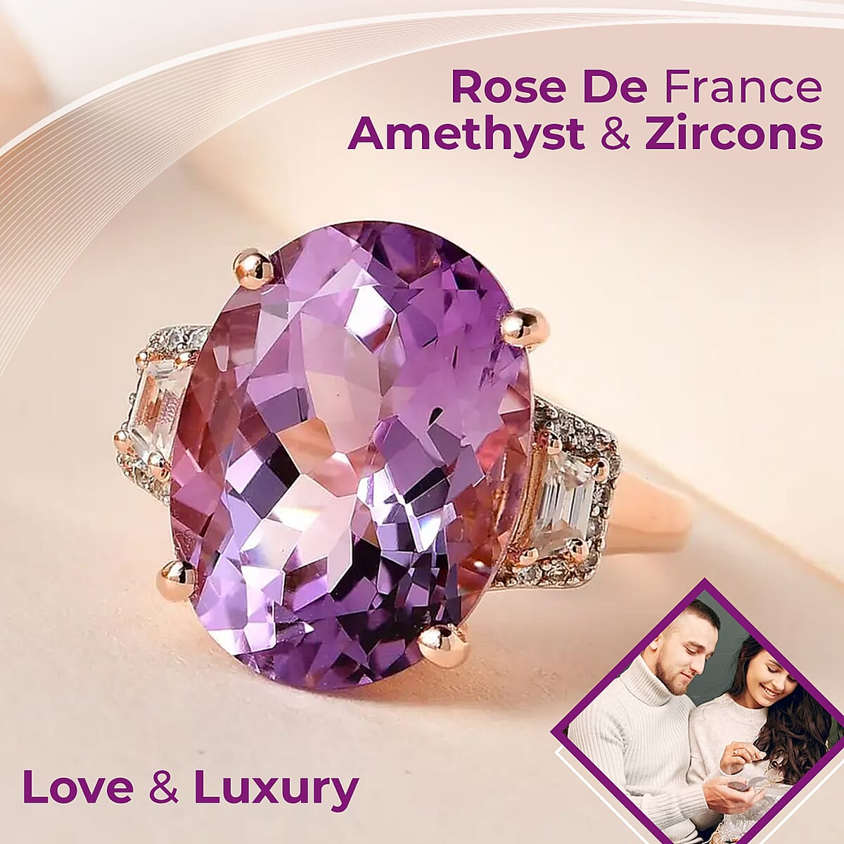 AAA Rose De France Amethyst and White Zircon Ring in Vermeil Rose Gold Over Sterling Silver 9.20 ctw image number 1