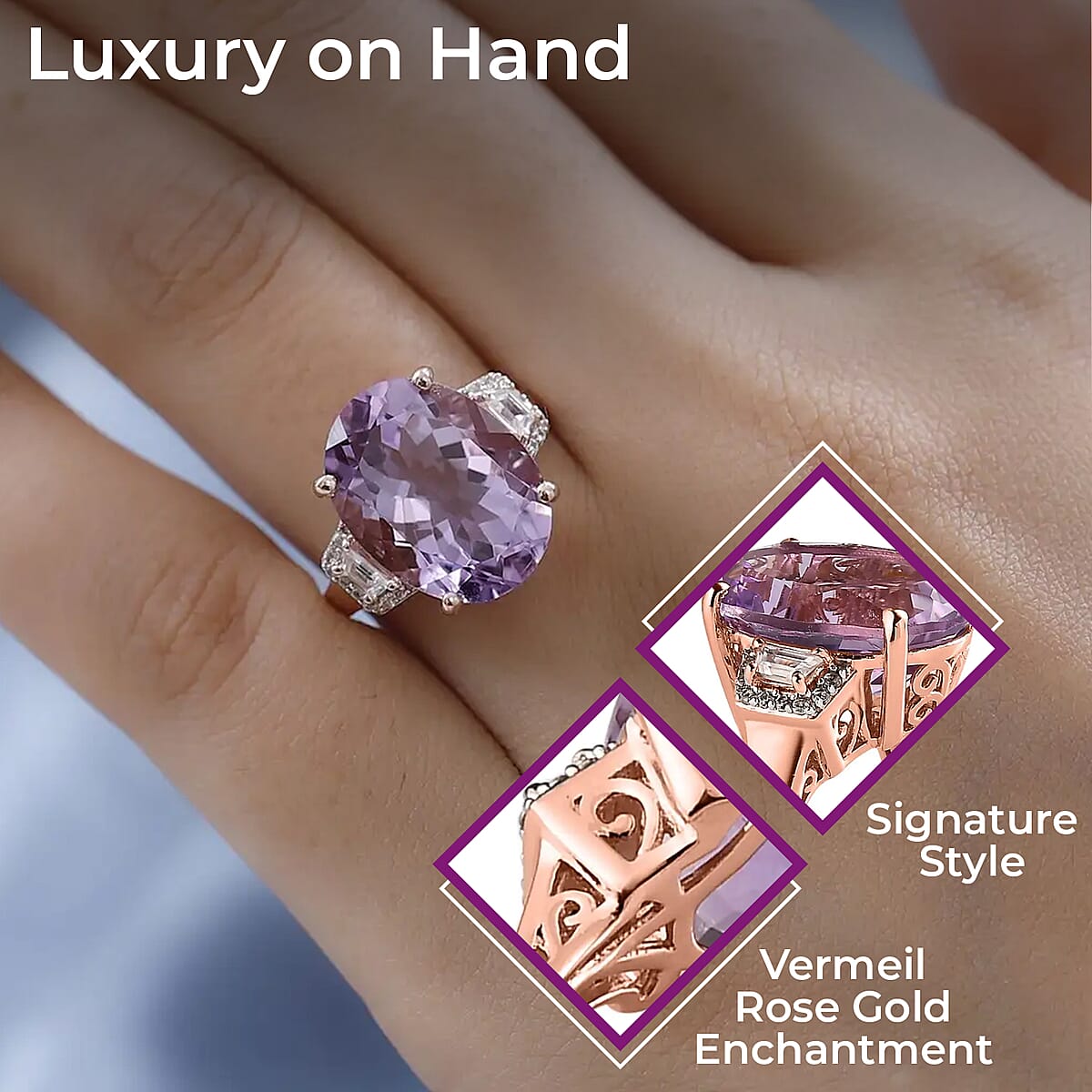 AAA Rose De France Amethyst and White Zircon Ring in Vermeil Rose Gold Over Sterling Silver 9.20 ctw image number 2