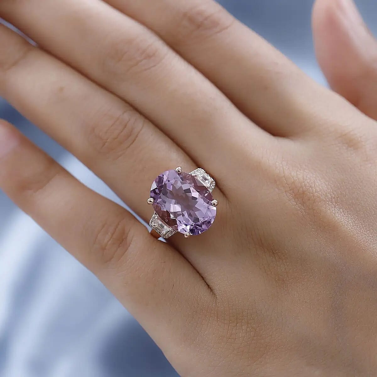 AAA Rose De France Amethyst and White Zircon Ring in Vermeil Rose Gold Over Sterling Silver 9.20 ctw image number 5