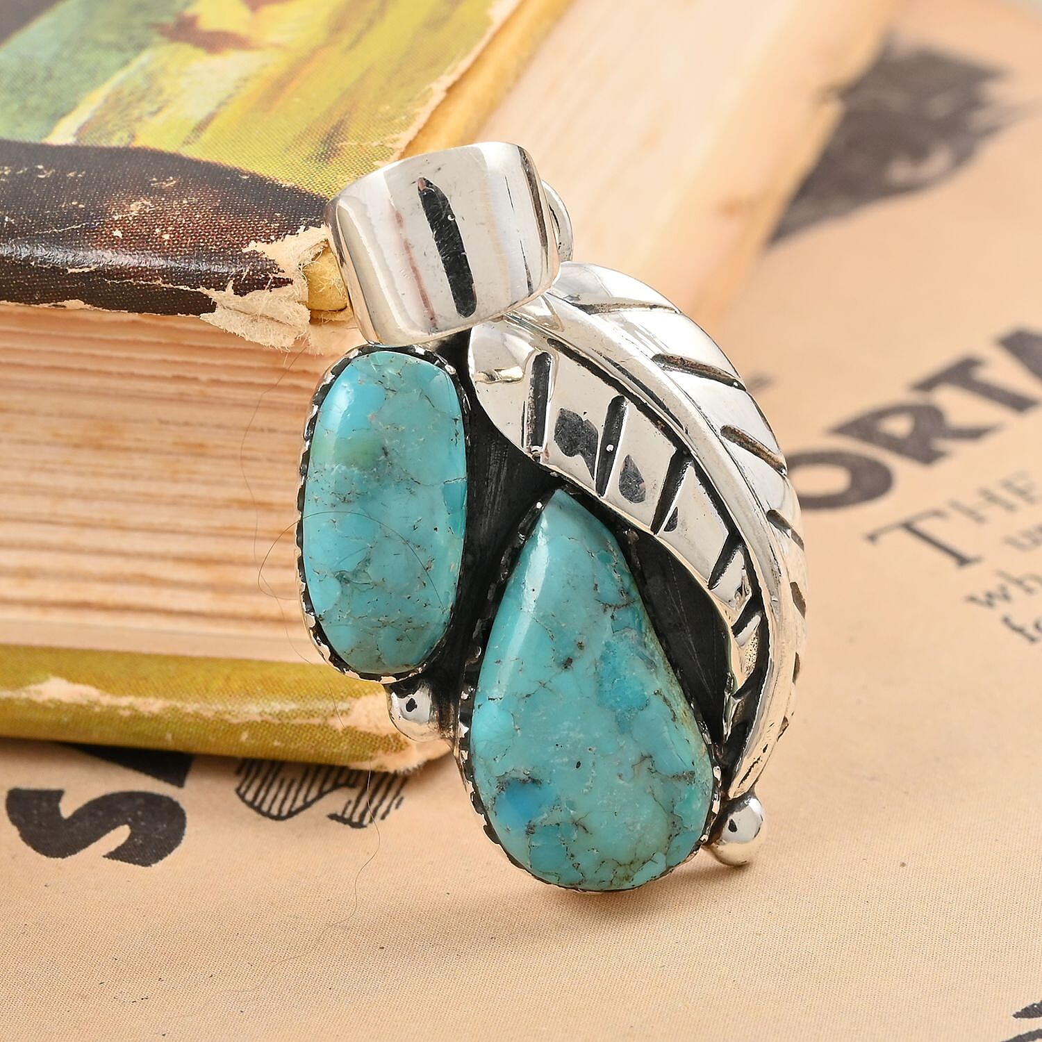 Santa Fe Style Kingman Turquoise Pendant in Sterling Silver 3.30 ctw