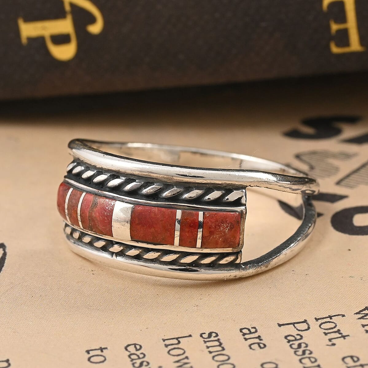 Santa Fe Style Plum Coral Ring in Sterling Silver 2.75 ctw image number 1