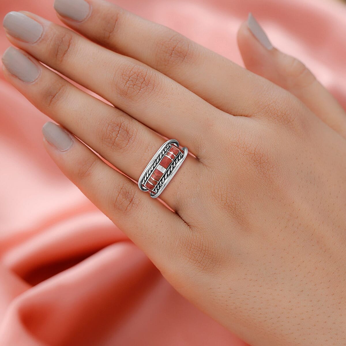 Santa Fe Style Plum Coral Ring in Sterling Silver 2.75 ctw image number 2