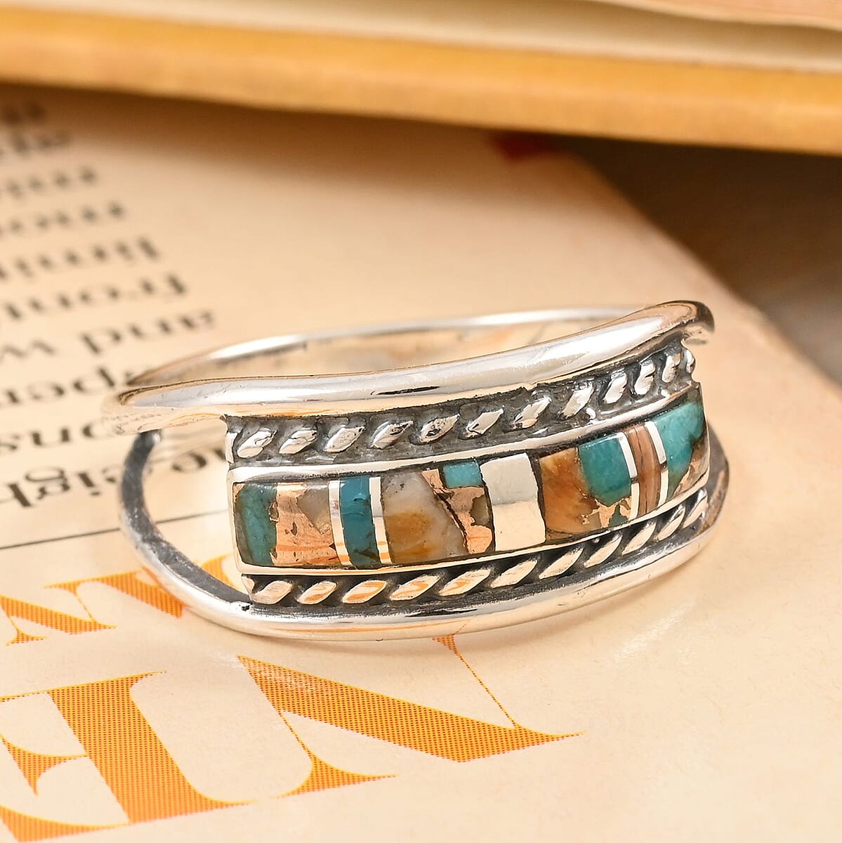 Santa Fe Style Spiny Turquoise Ring in Sterling Silver (Size 9.0) 2.75 ctw image number 1