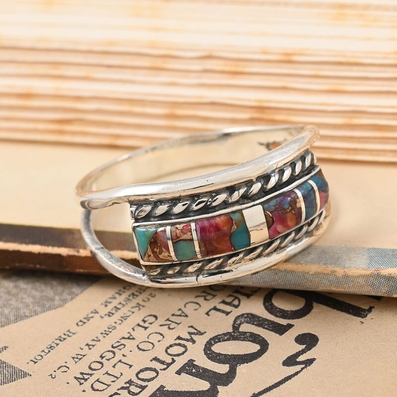 Santa Fe Style Rainbow Turquoise Ring in Sterling Silver (Size 10.0) 2.75 ctw