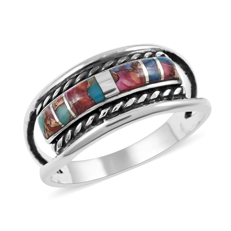 Santa Fe Style Rainbow Turquoise Ring in Sterling Silver (Size 8.0) 2.75 ctw
