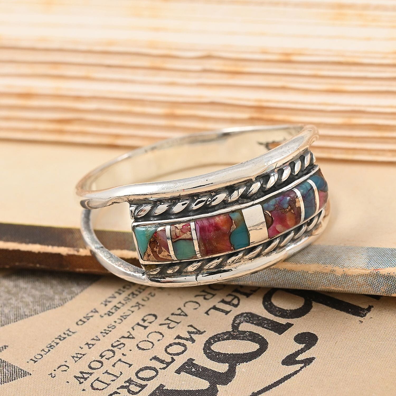 Santa Fe Style Rainbow Turquoise Ring in Sterling Silver (Size 8.0) 2.75 ctw