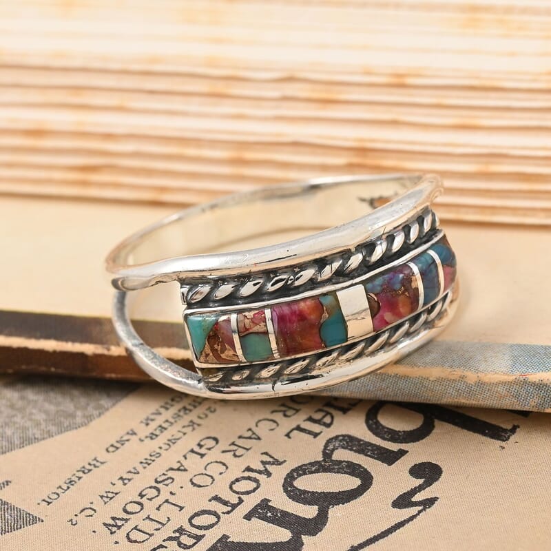 Santa Fe Style Rainbow Turquoise Ring in Sterling Silver (Size 8.0) 2.75 ctw