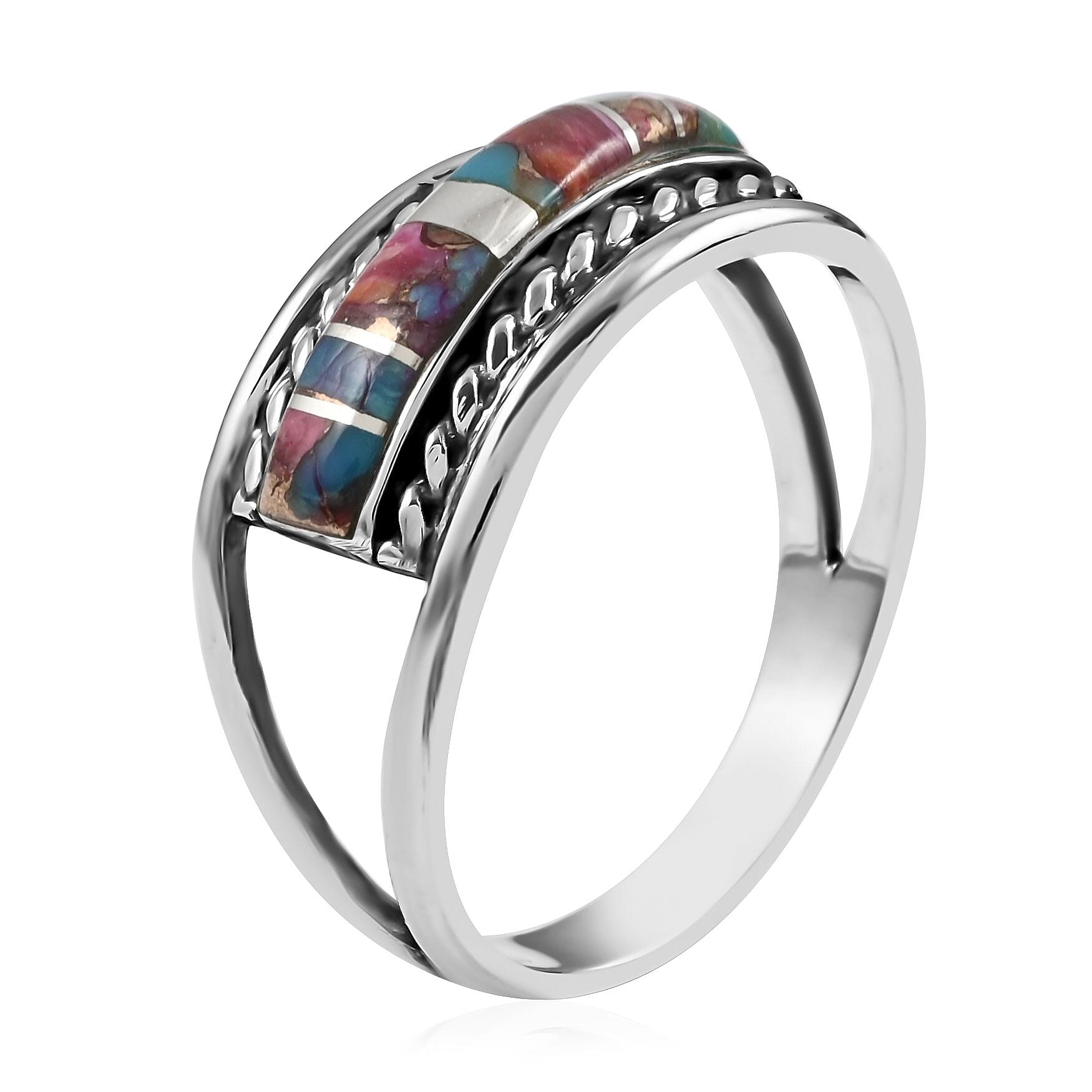 Santa Fe Style Rainbow Turquoise Ring in Sterling Silver (Size 8.0) 2.75 ctw