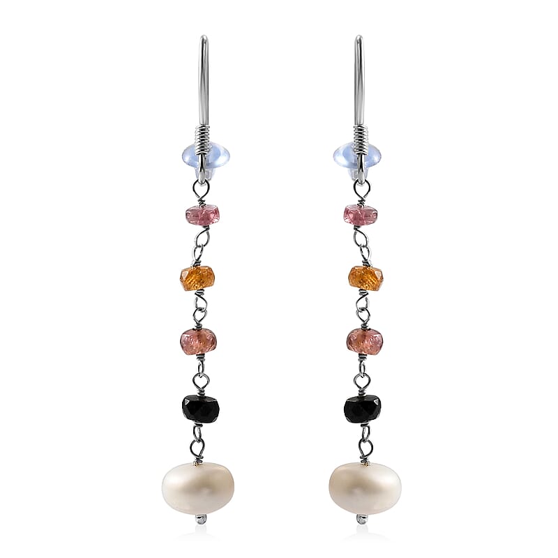 Freshwater Pearl and Multi Sapphire Earrings in Sterling Silver 2.00 ctw