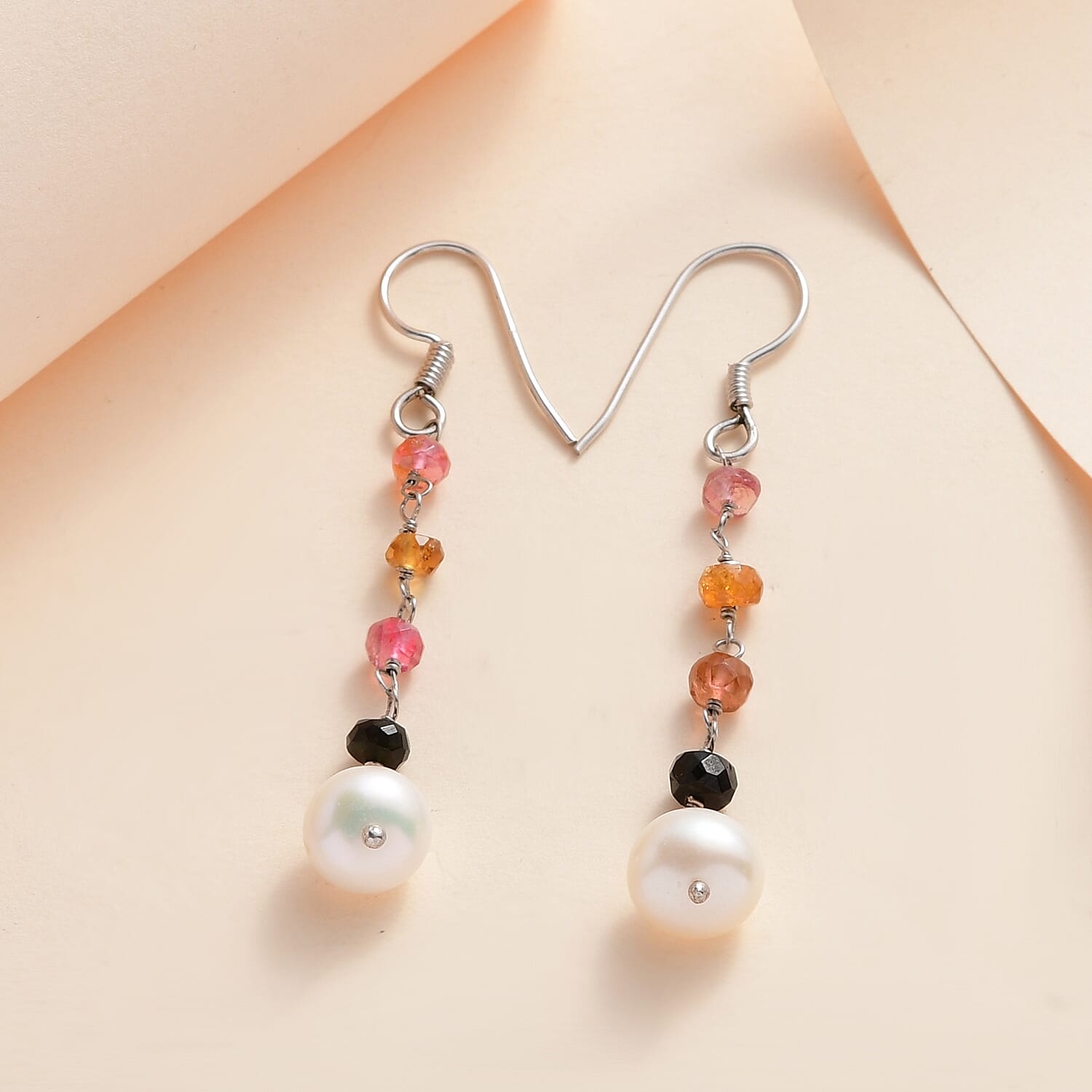 Freshwater Pearl and Multi Sapphire Earrings in Sterling Silver 2.00 ctw